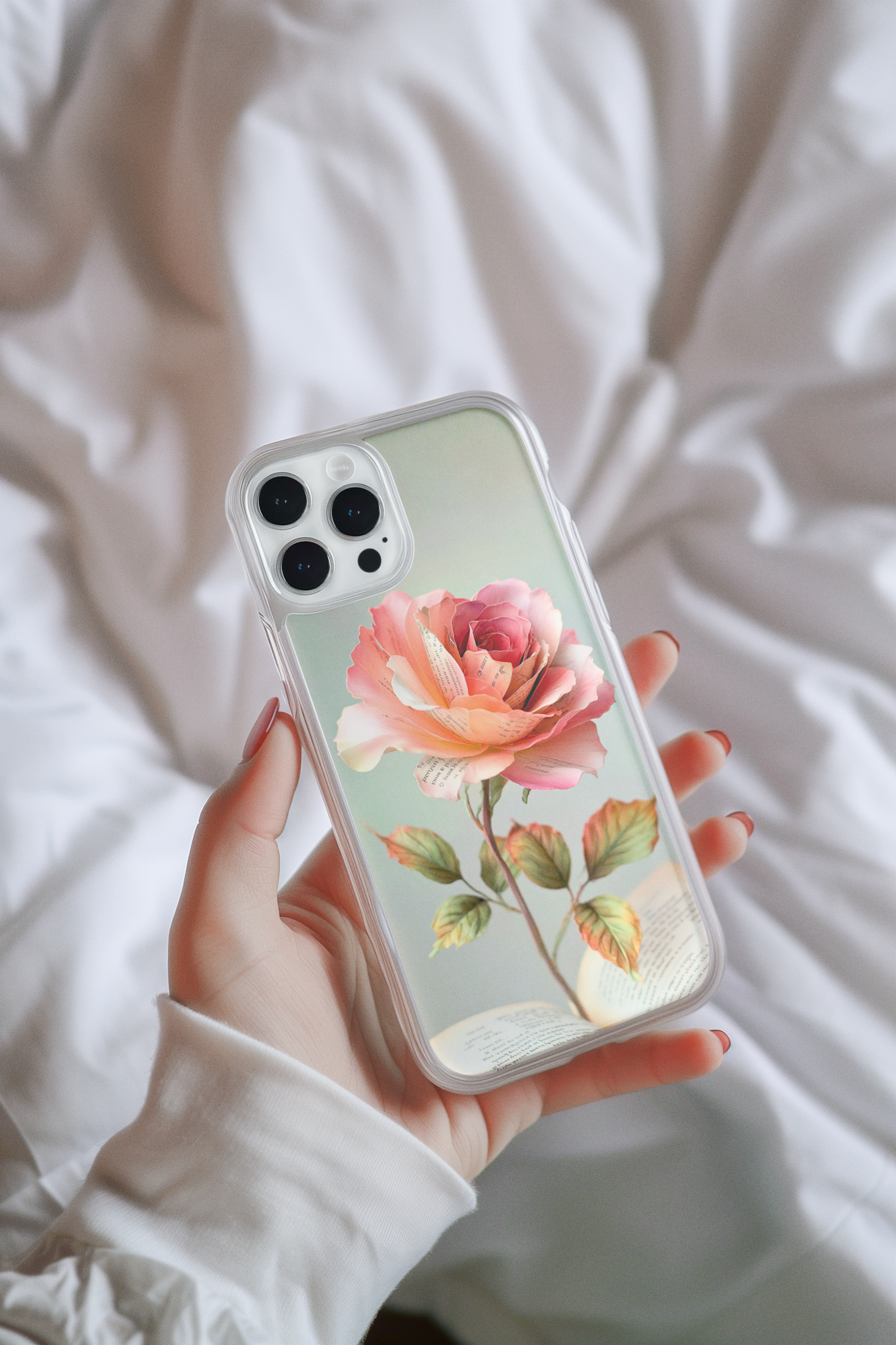 Close-up of pink roses and open book phone insert design - soft bookish art
