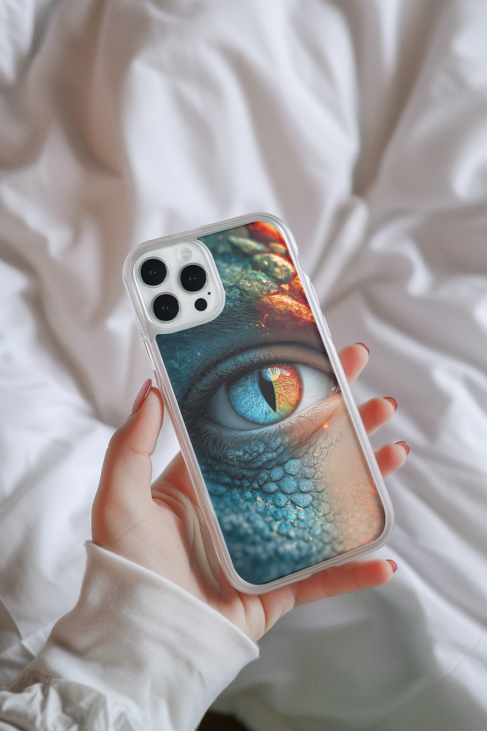 Woman holding iPhone with dragon eye clear case insert - fantasy phone design
