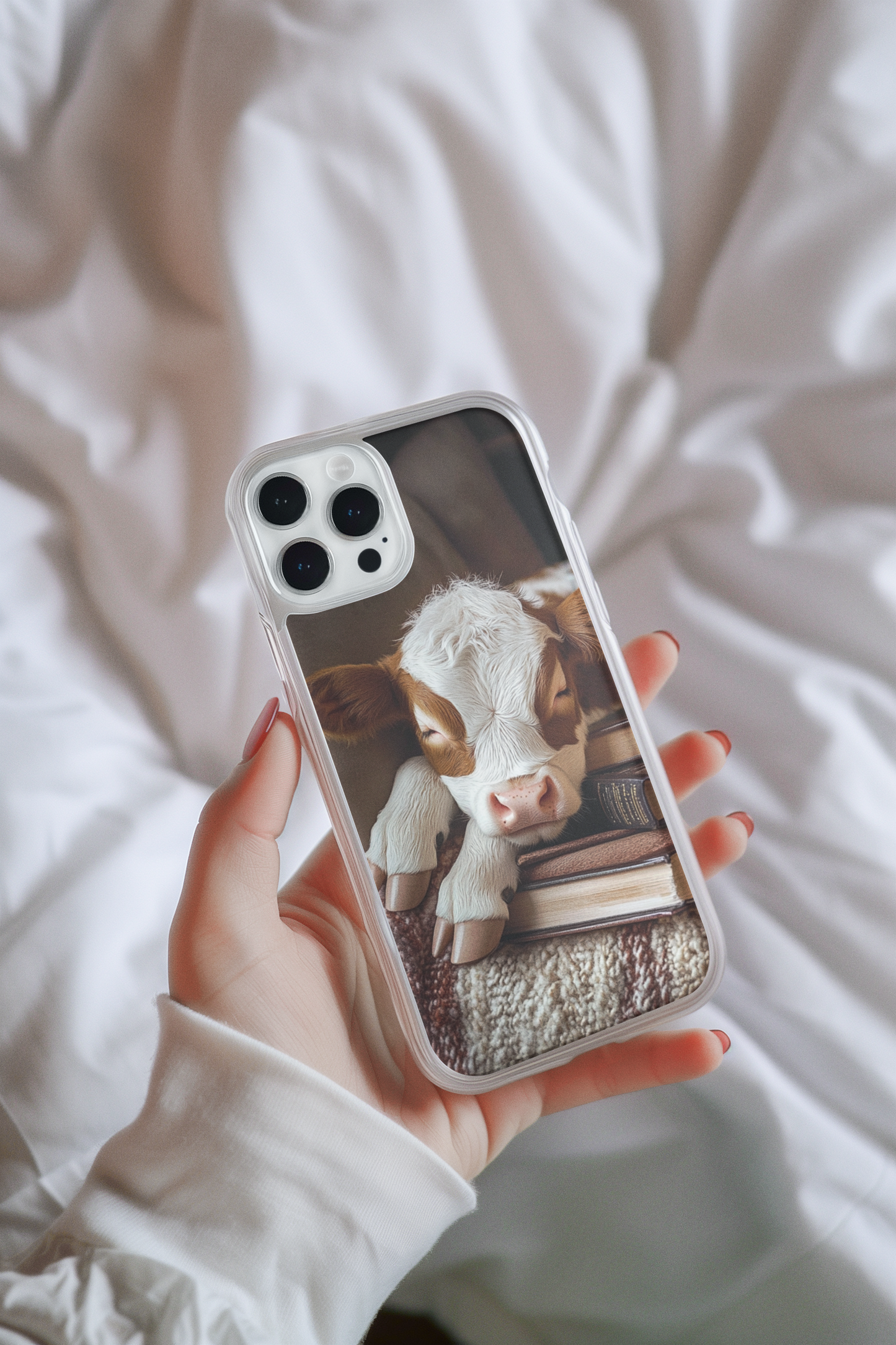Close-up of cow with book stack phone insert design - peaceful cozy reader art
