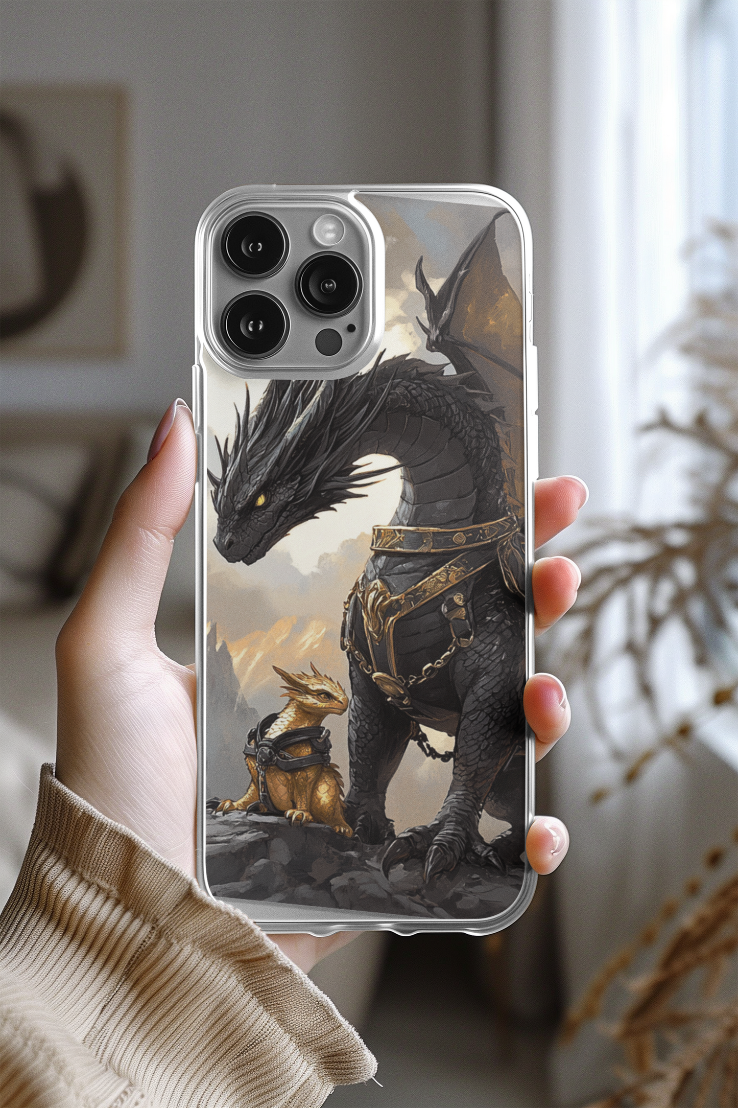 Dragon family phone insert displayed in clear iPhone case - heartwarming fantasy love aesthetic
