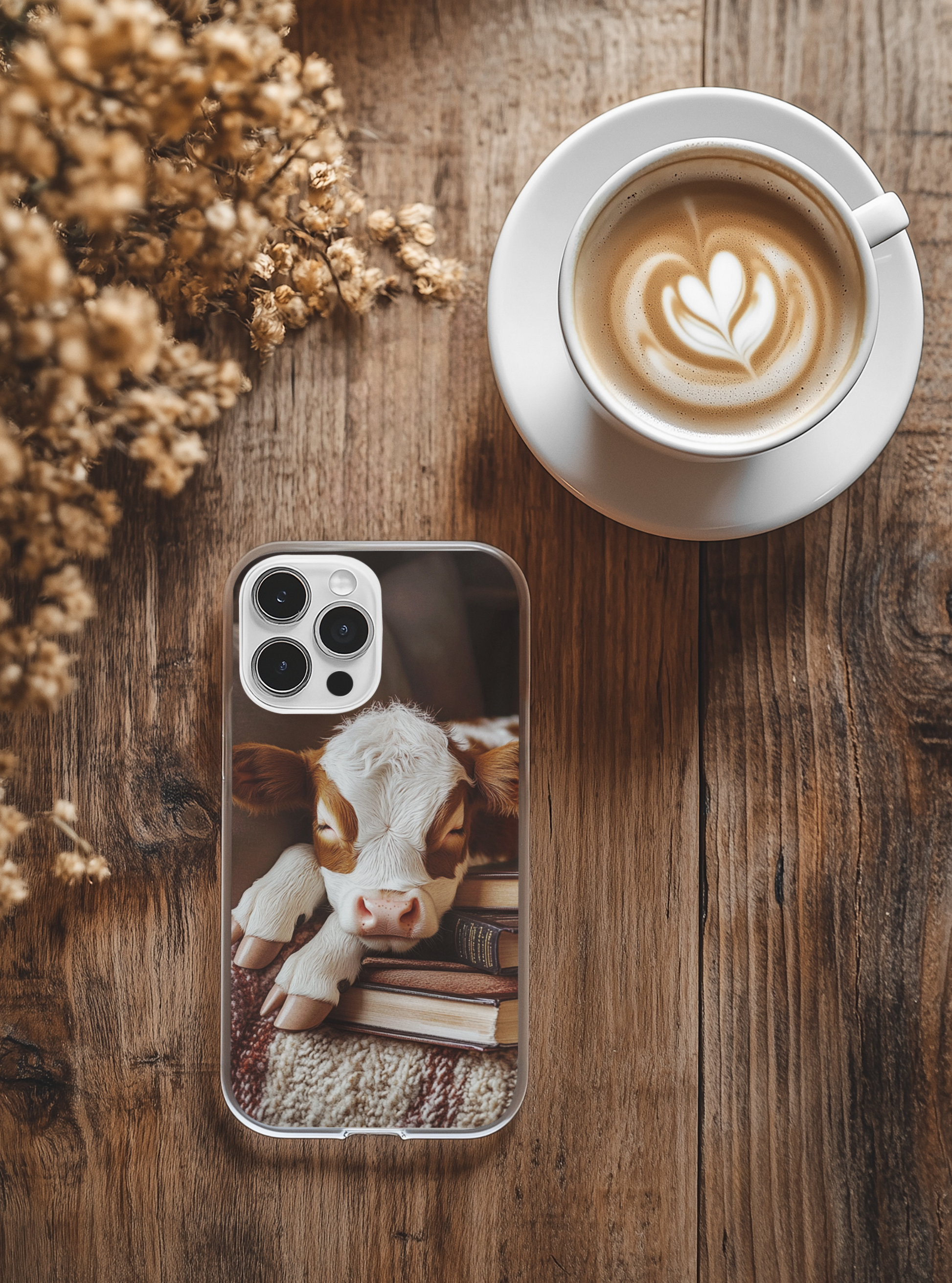 Cow reading phone insert detail - gentle bookish comfort design


