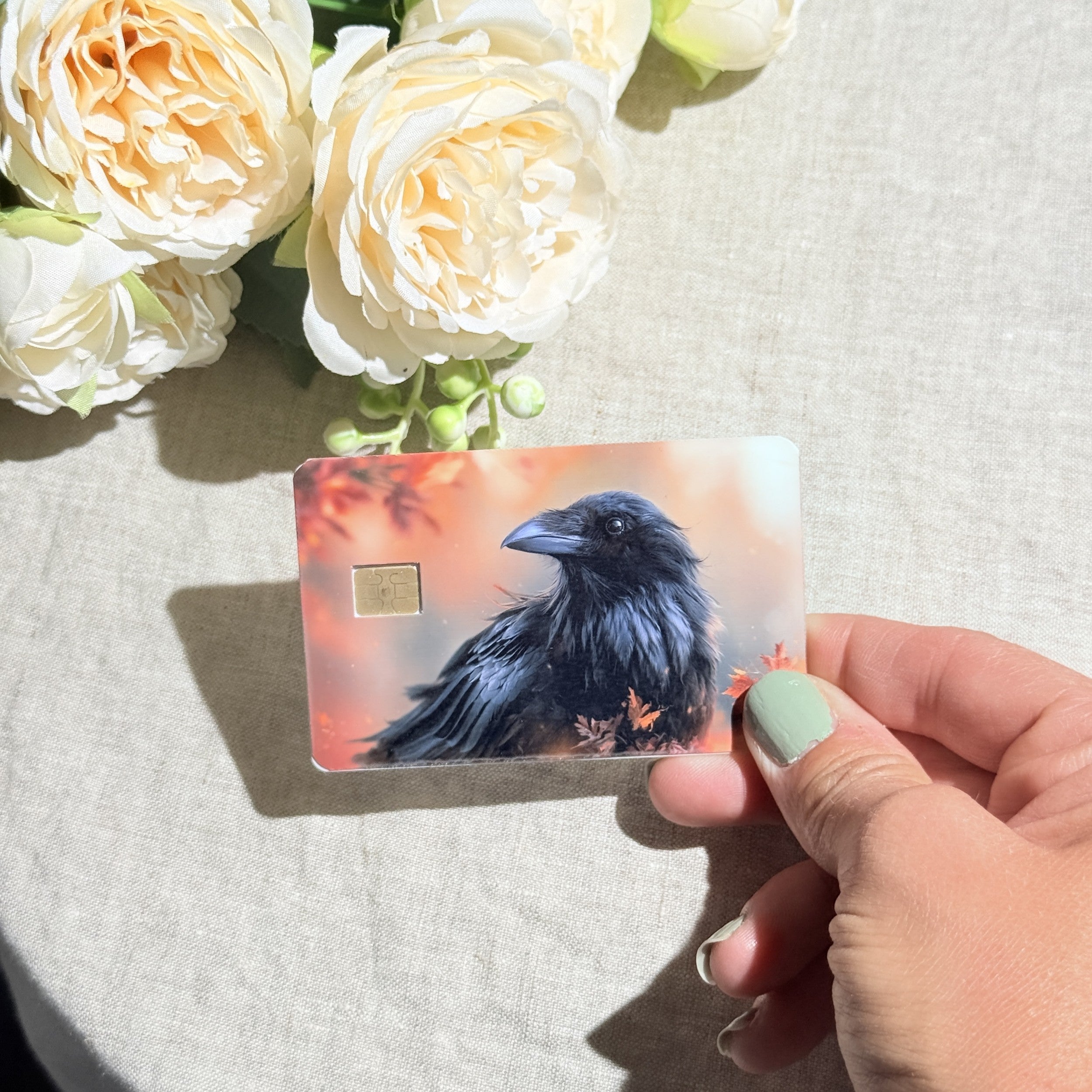 Autumn raven credit card sticker showing chip cutout by The Sticker Era
