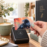 Autumn raven card skin tapping a card reader at a coffee shop by The Sticker Era