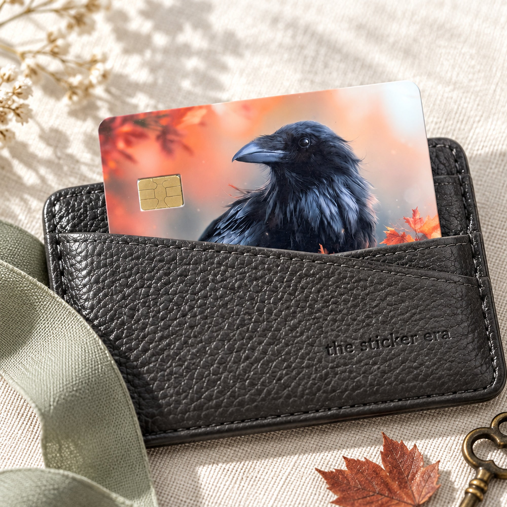 Raven debit card skin tucked in a black leather card wallet with a fall leaf by The Sticker Era