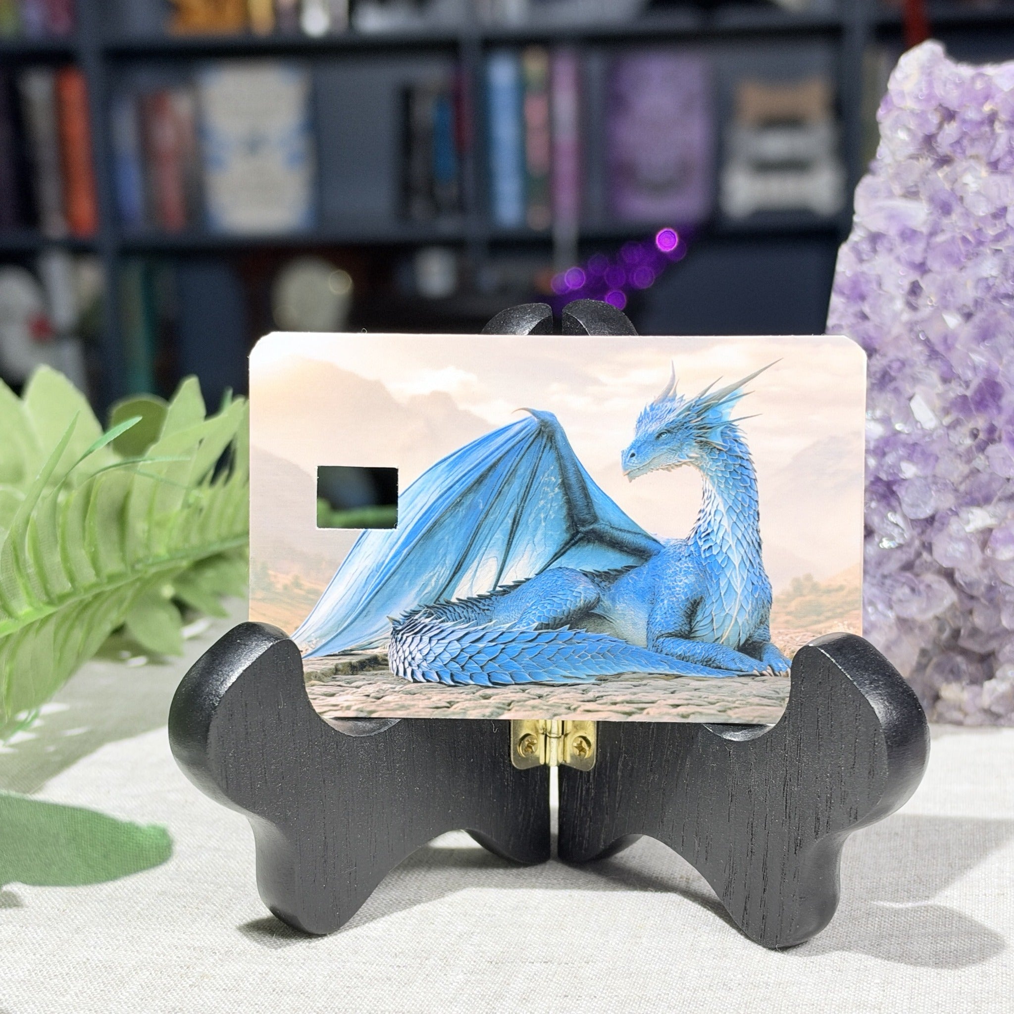 Blue dragon card skin showing the pre-cut chip window, by The Sticker Era