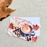 Two autumn coffee card skins stacked to show the standard and sparkle finishes