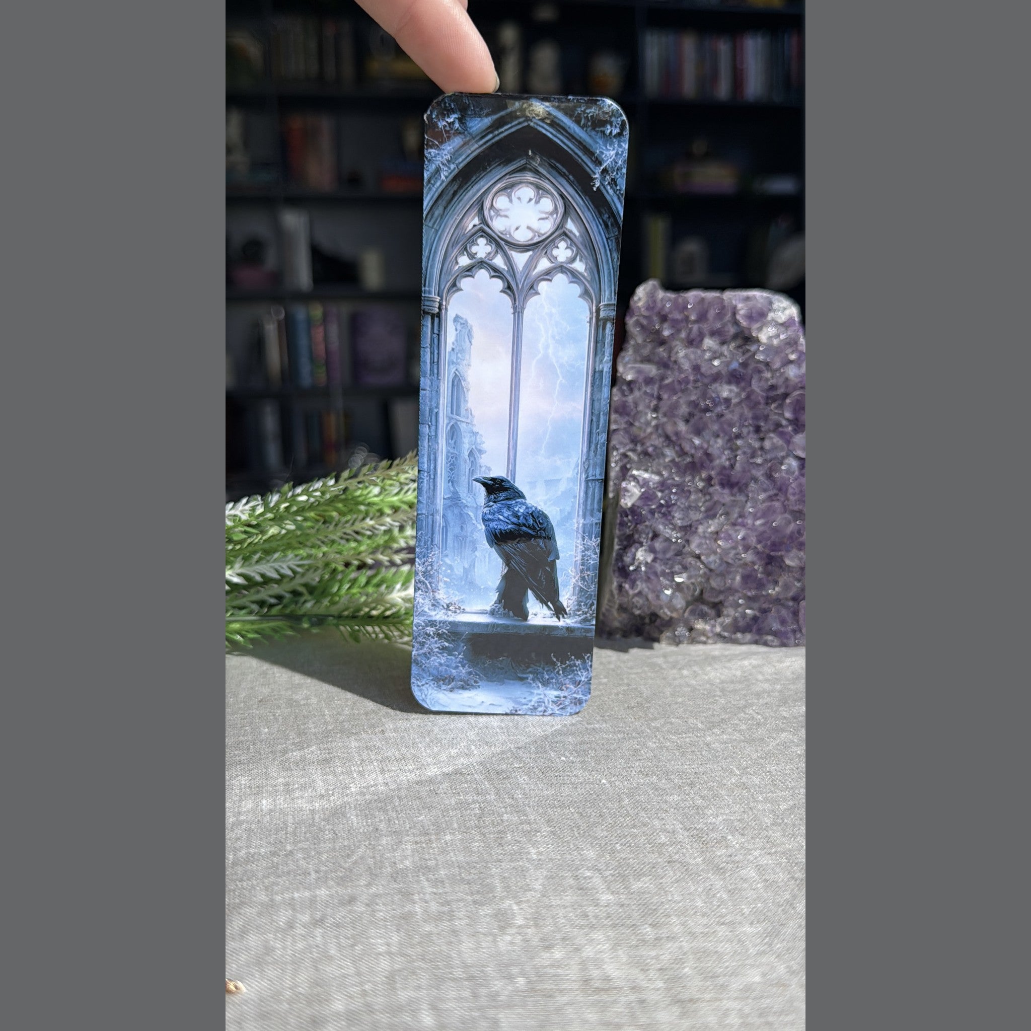 Raven Bookmark – Gothic Cathedral Window Laminated Page Marker by The Sticker Era