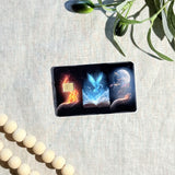 Fantasy triptych card skin held up in sunlight by The Sticker Era