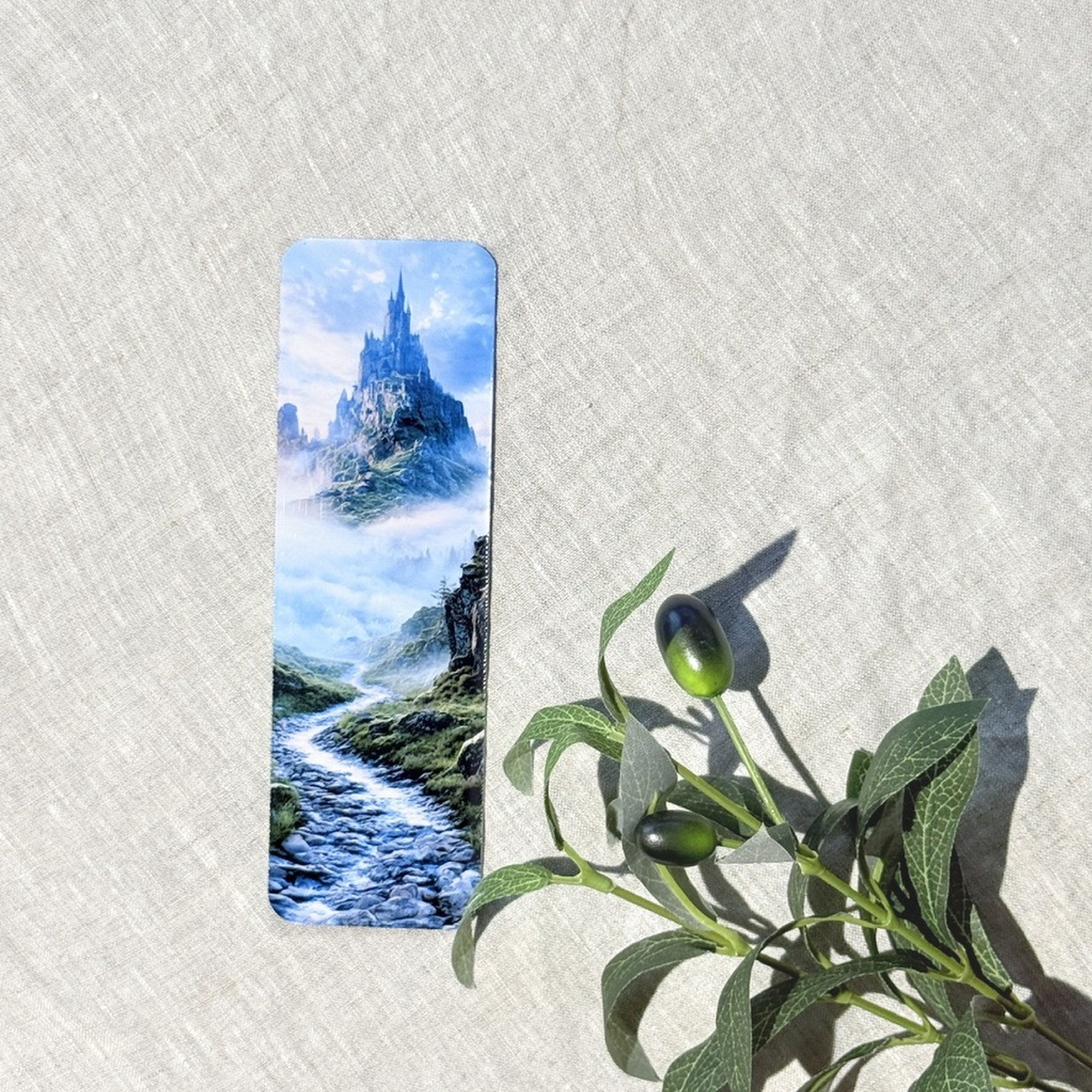 Misty castle laminated bookmark on linen by The Sticker Era