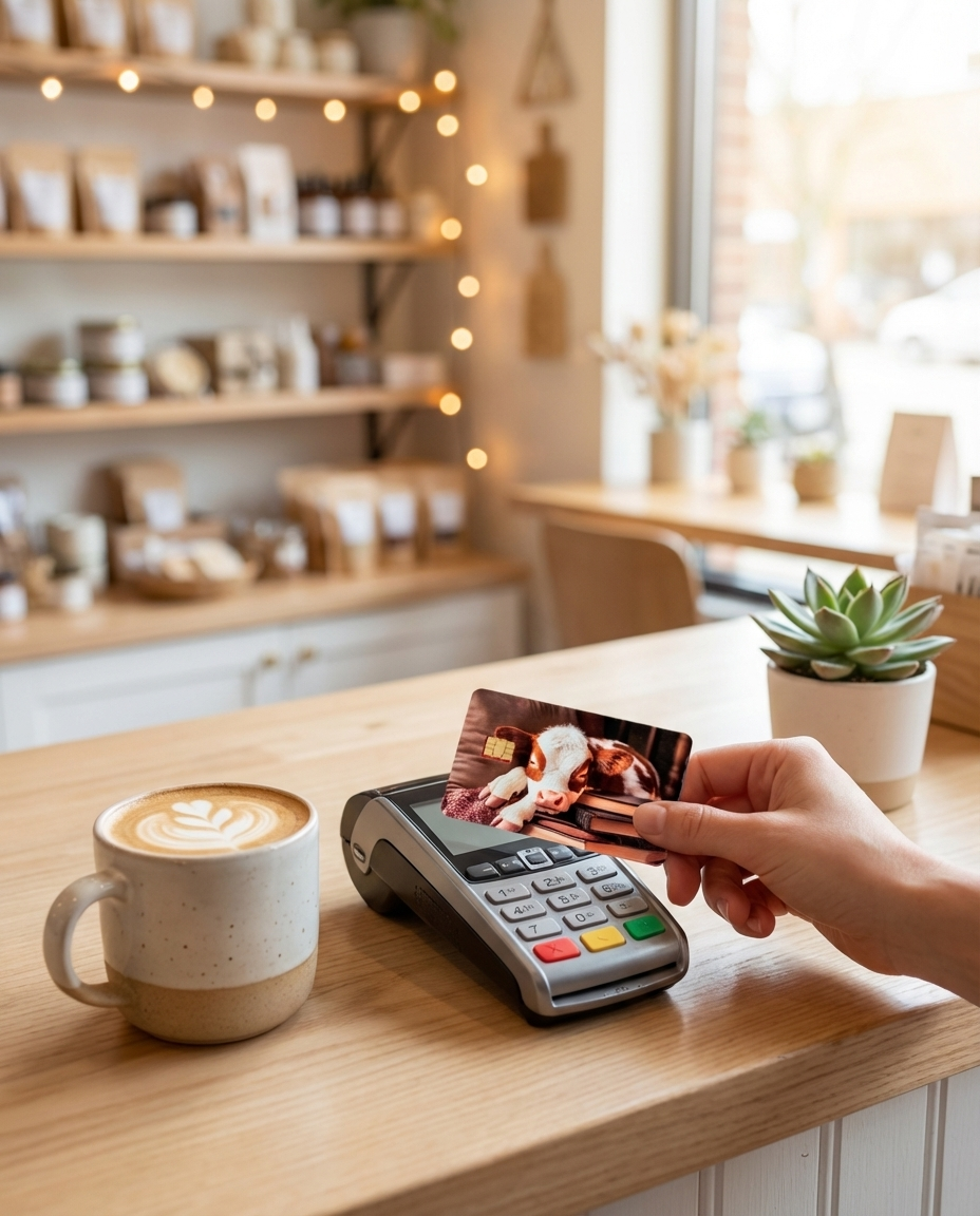 a cute bookish debit card skin that a Person using a card reader at a coffee shop with a cup of coffee on the counter.