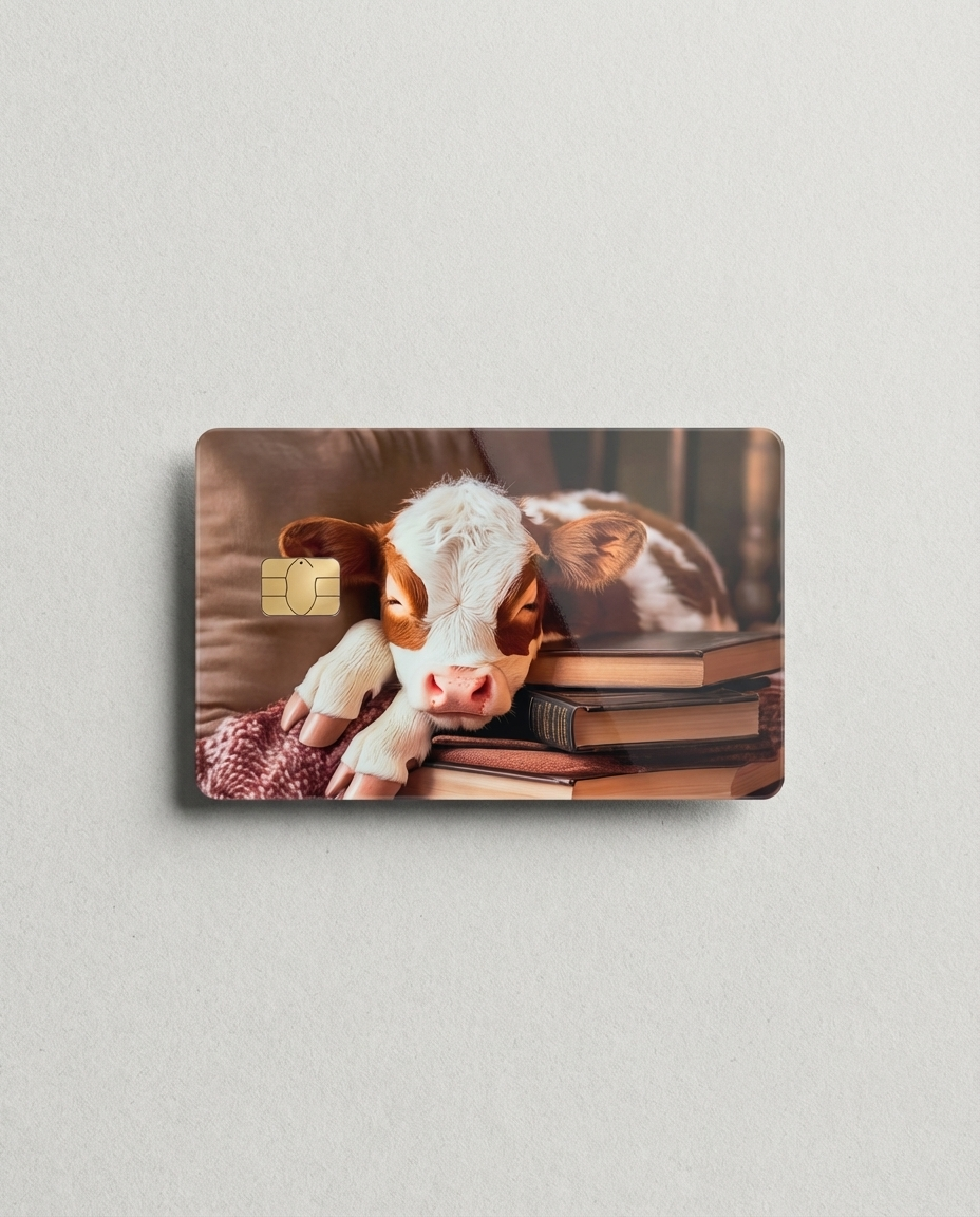 credit Card with a cute calf design on a light gray background