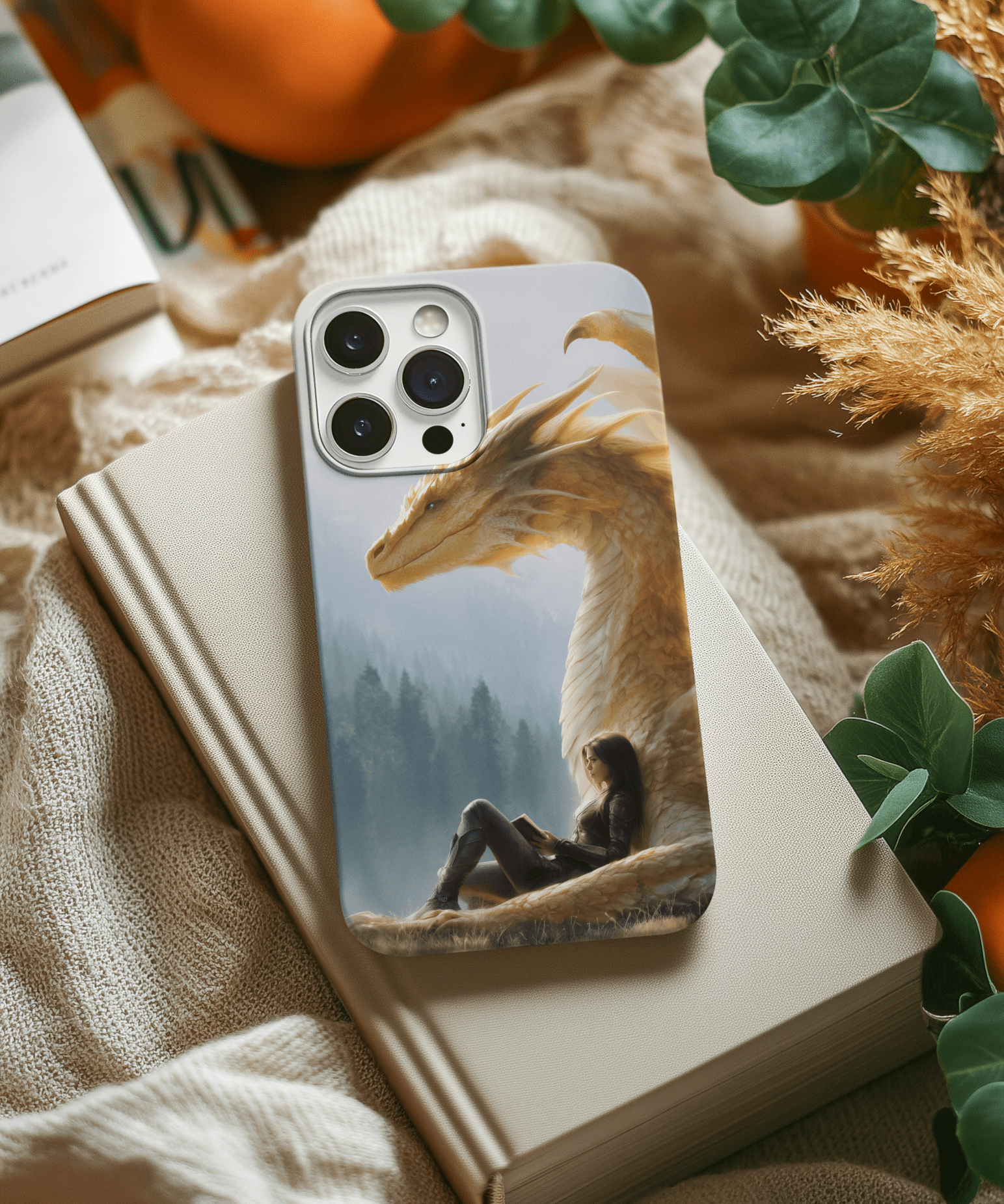 Golden Dragon & Reader Phone Insert | Sunlit Fantasy Art for Clear iPhone Cases by The Sticker Era