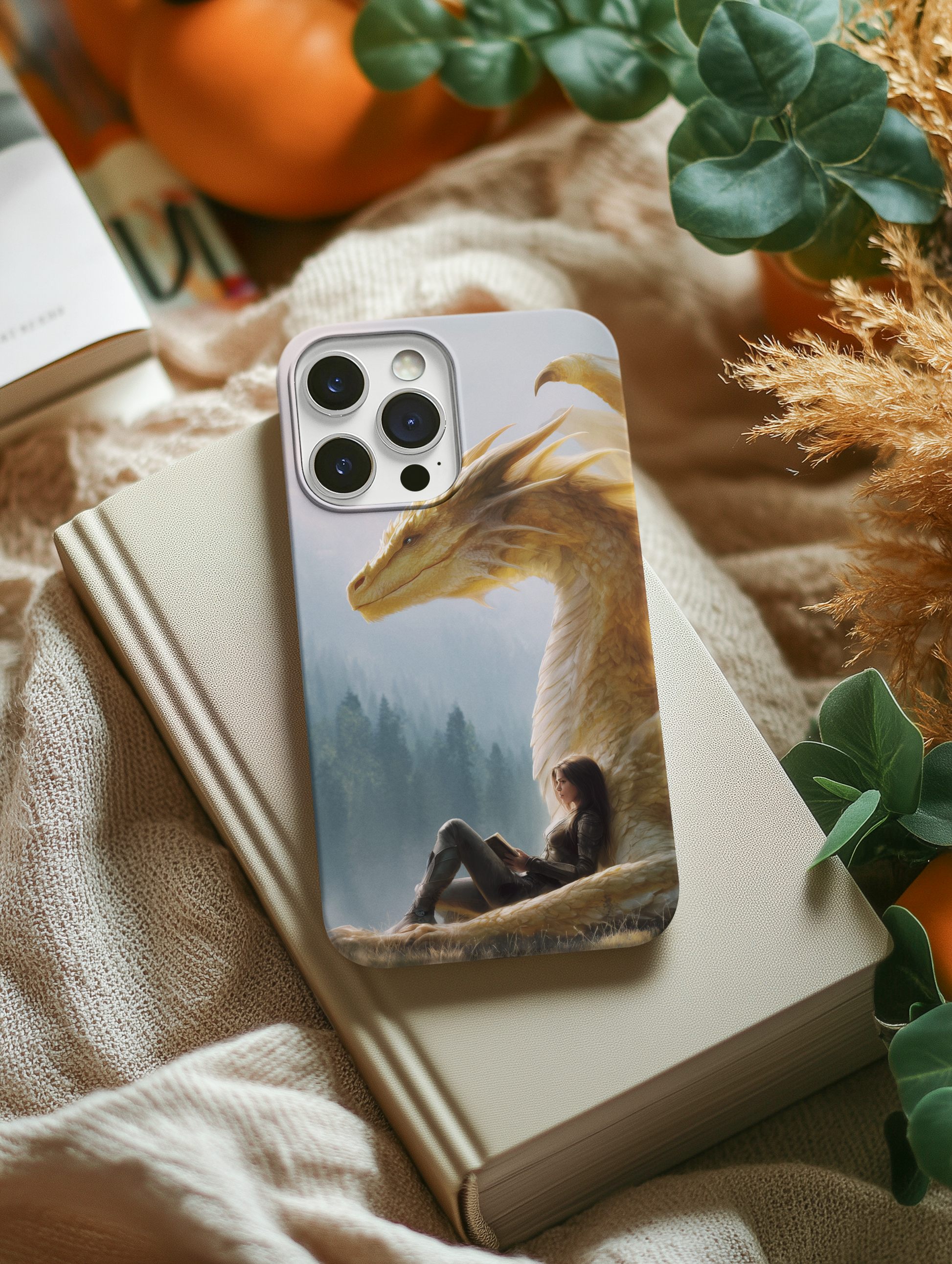 Golden dragon phone insert on book - cozy fantasy reader aesthetic for clear iPhone cases