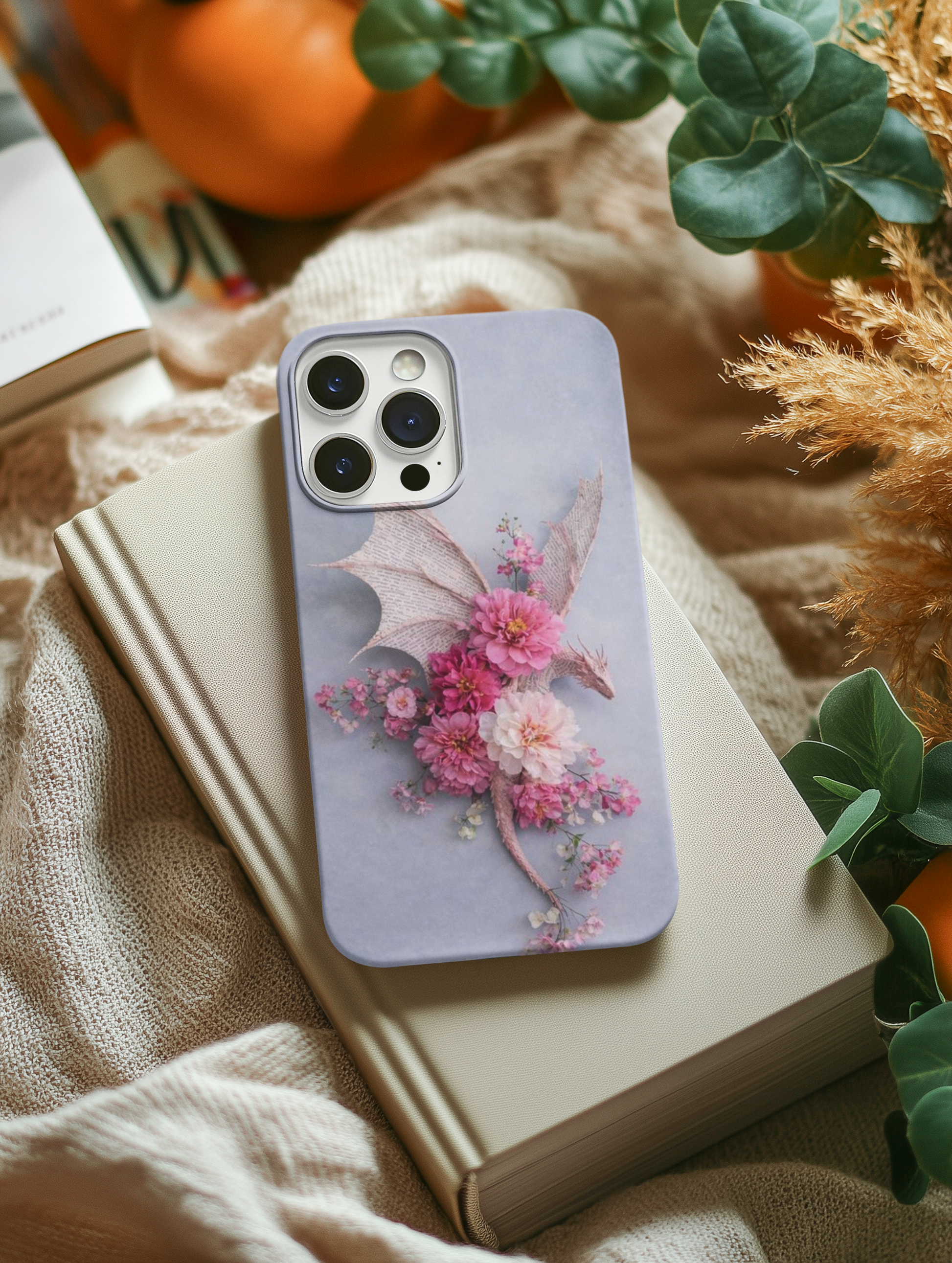 Dragon with flowers phone insert detail - romantic fantasy duality design

