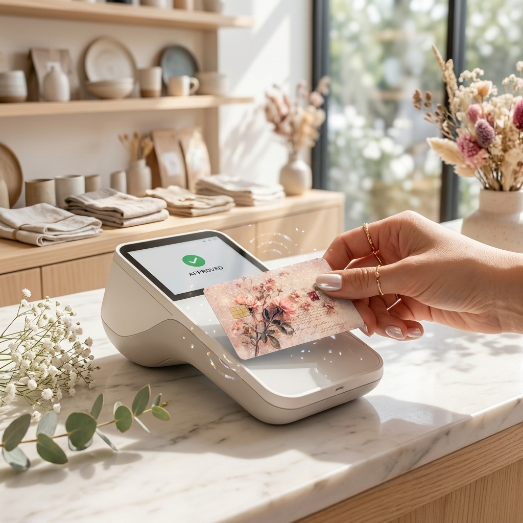a vintage debit card sin by the sticker era. A close-up of a hand inserting a decorative floral card into a modern beige payment terminal on a marble countertop, with a softly blurred boutique interior in the background.