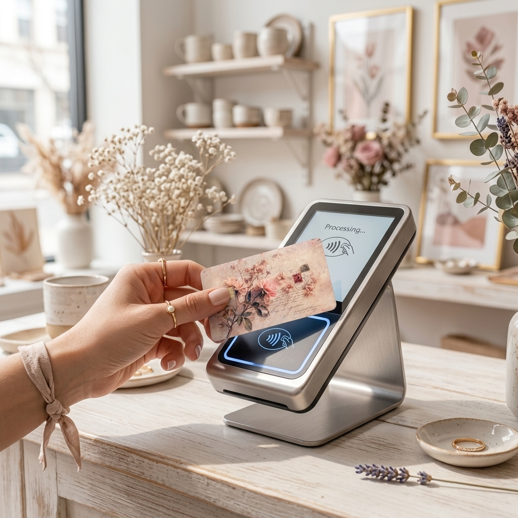 A hand inserts a floral credit card into a modern metallic card reader terminal on a light wood counter in a bright, styled interior setting. a vintage debit card sin by the sticker era. 