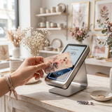 A hand inserts a floral credit card into a modern metallic card reader terminal on a light wood counter in a bright, styled interior setting. a vintage debit card sin by the sticker era. 