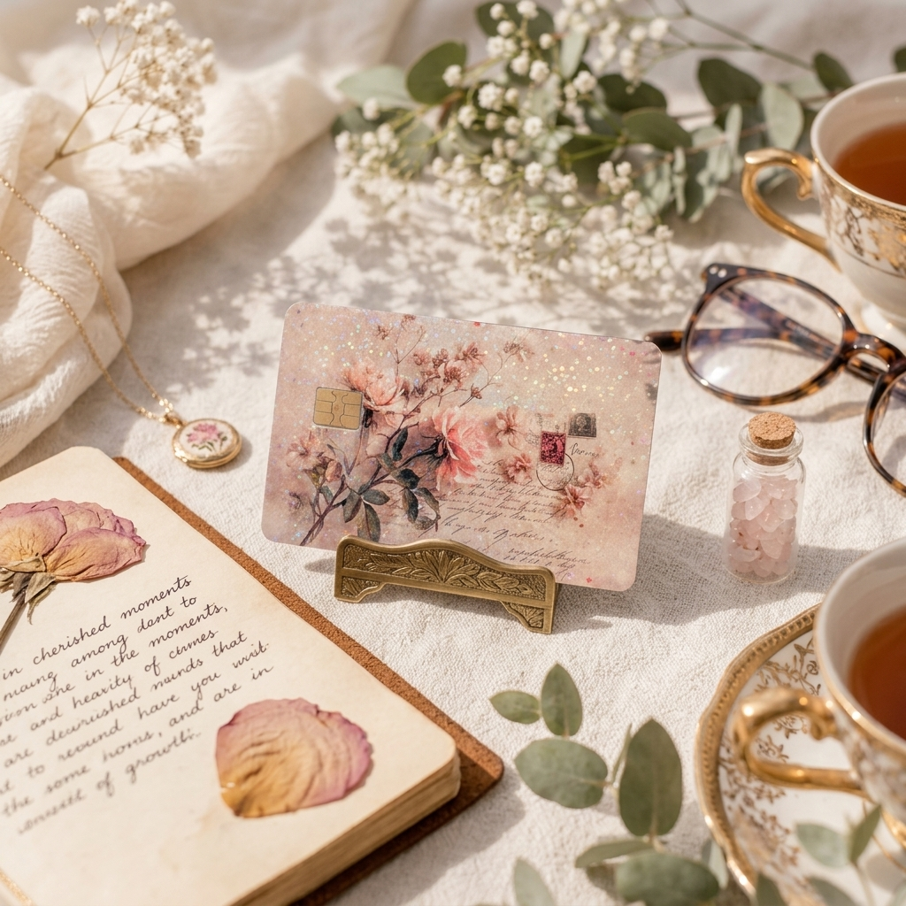 A styled flat-lay featuring a rectangular vintage-style floral credit  card decal on a small gold stand, surrounded by a book with dried flowers, a small vial, glasses, and teacups on a white fabric surface. by the sticker era. 