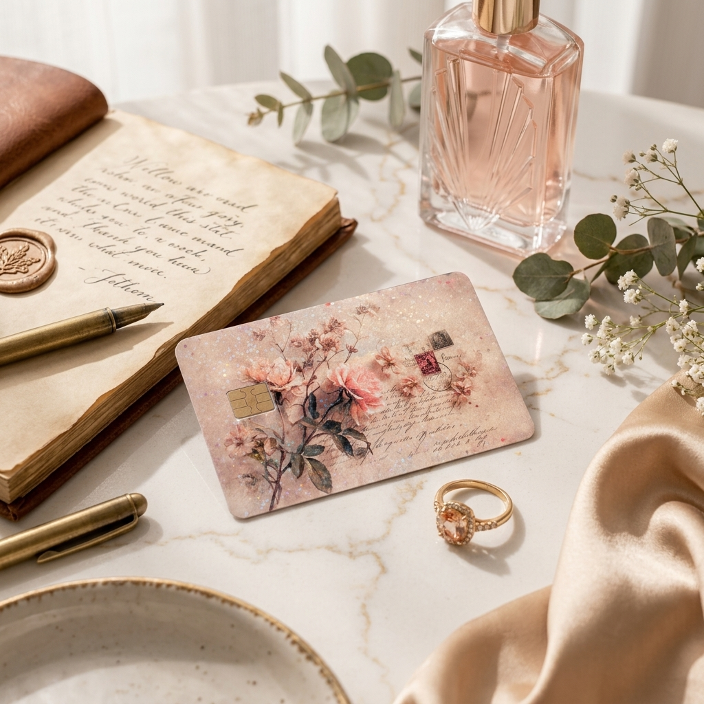 A decorative debit card sticker with a vintage floral design lies on a marble surface surrounded by styled props including an open notebook, gold pen, perfume bottle, ring, and dried flowers. a vintage debit card sin by the sticker era. 