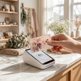 A close-up of a hand holding a floral credit card above a white contactless payment terminal on a marble counter in a bright, modern shop interior. a vintage debit card sin by the sticker era. 