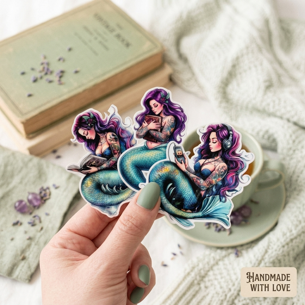 purple haired mermaid stickers, one reading, one listening to audio, and one hugging a book being held by a womans hand with the words handmade with love in the bottom corner
