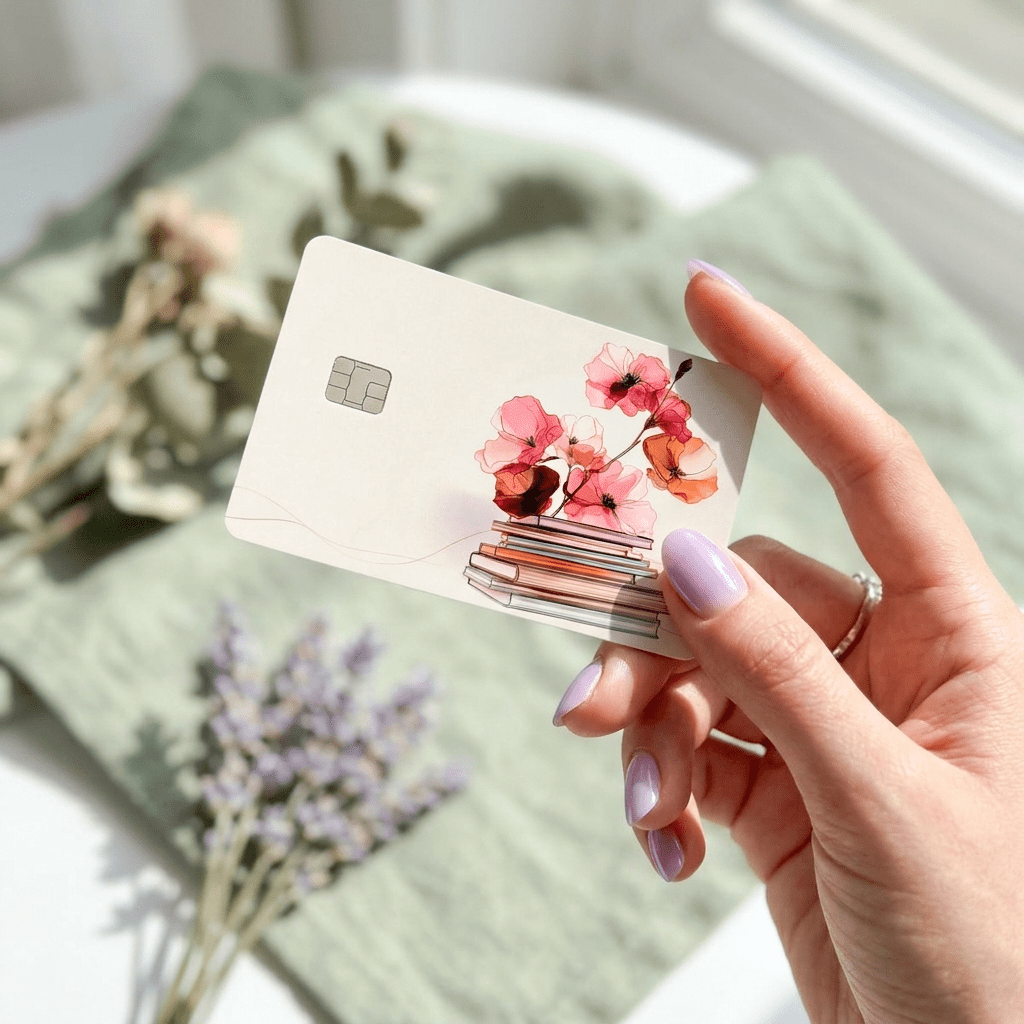 Floral Book Stack Debit Card Skin – Literary Cottagecore Card Cover – Sticker Era by The Sticker Era