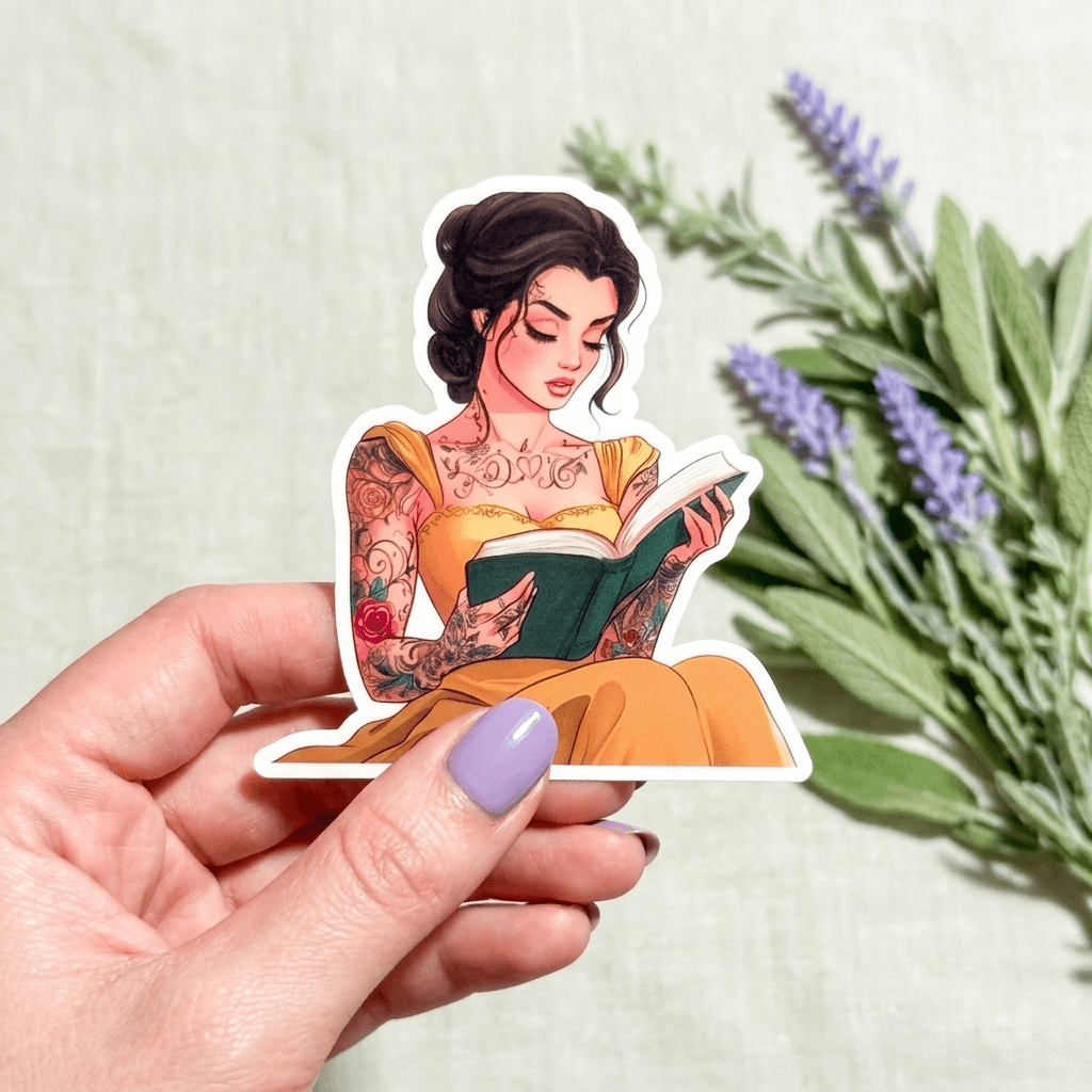 Hand holding a tattooed princess reading sticker with lavender, bookish reader gift by The Sticker Era
