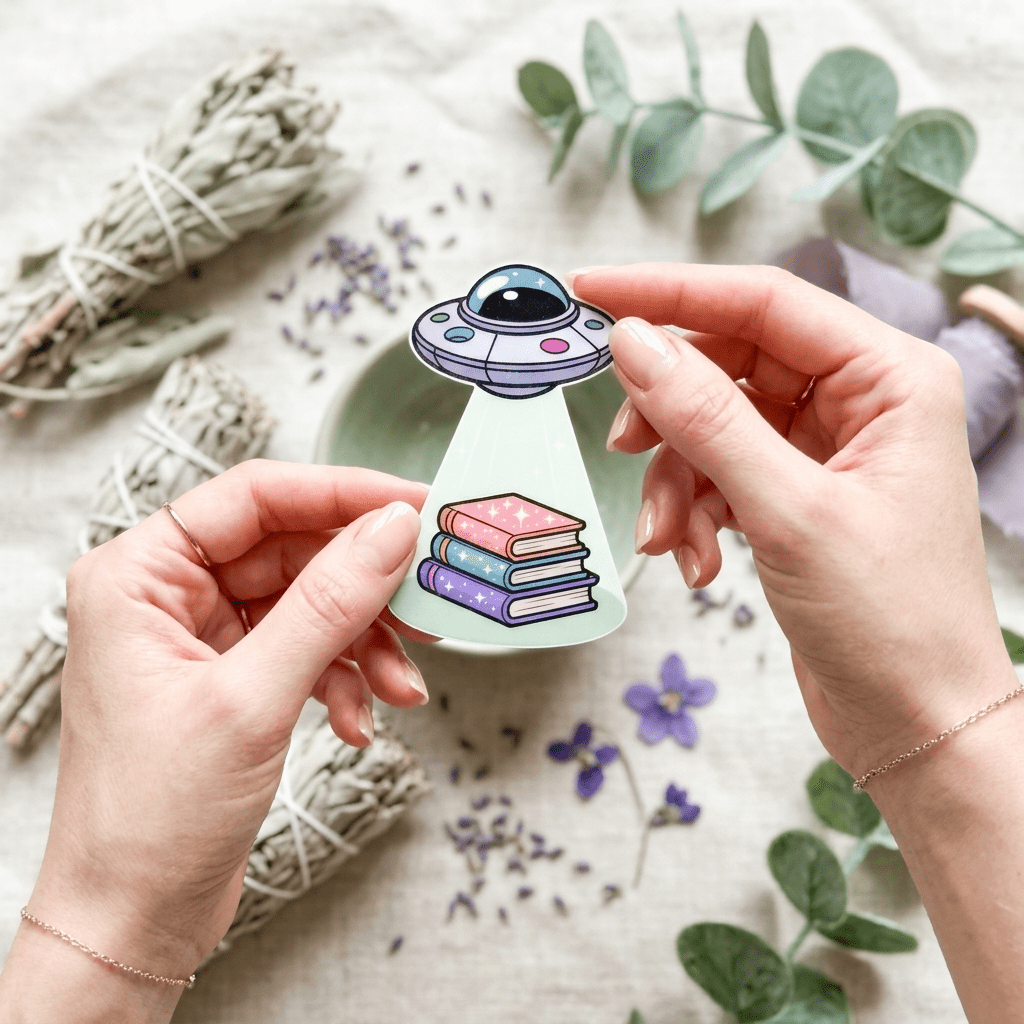 UFO Book Abduction Sticker – Pastel Alien Bookish Decal – Sticker Era by The Sticker Era