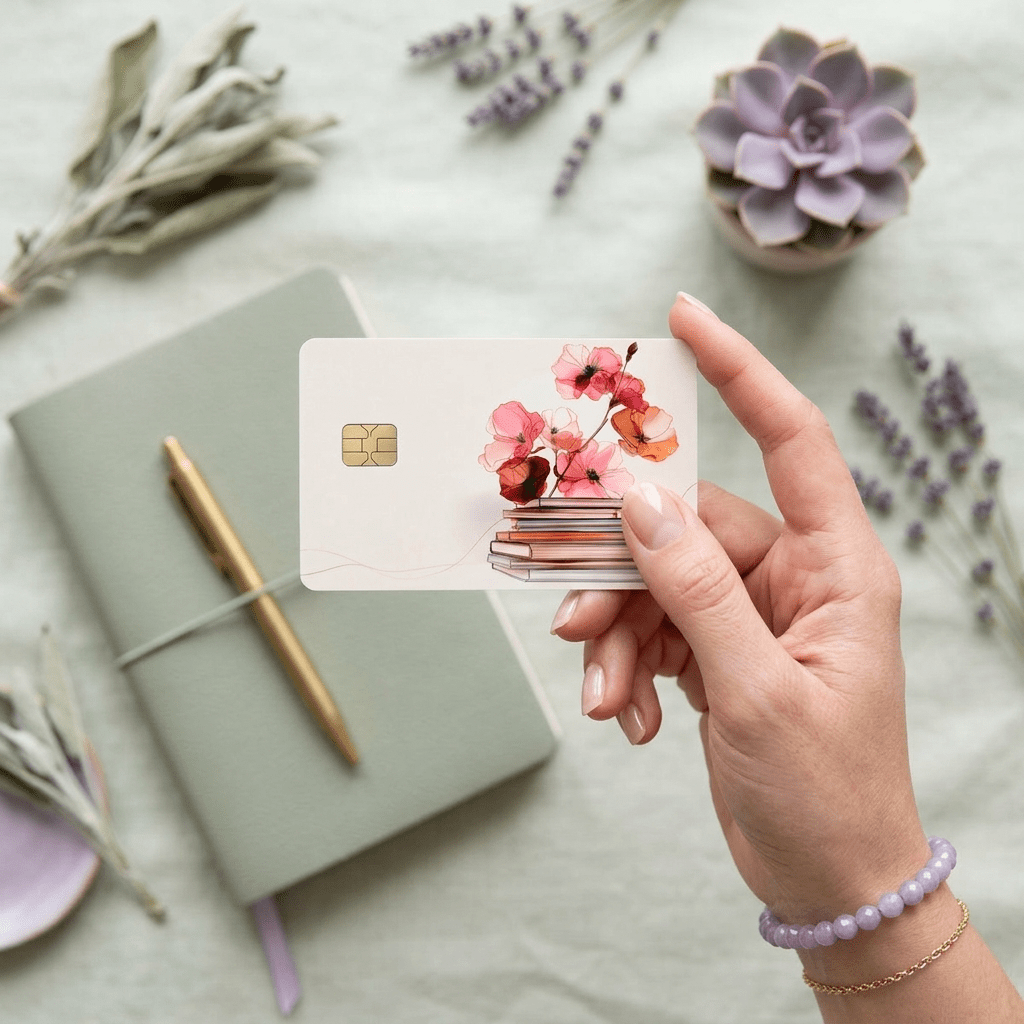 Floral Book Stack Debit Card Skin – Literary Cottagecore Card Cover – Sticker Era by The Sticker Era