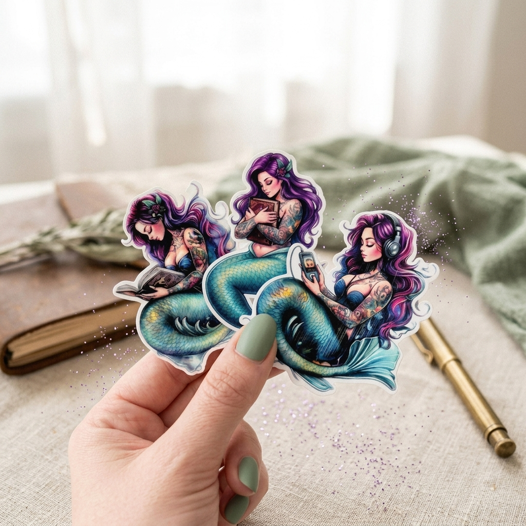 purple haired mermaid stickers, one reading, one listening to audio, and one hugging a book being held by a girl with sage green nails with a light and airy sage background and journal in the background
