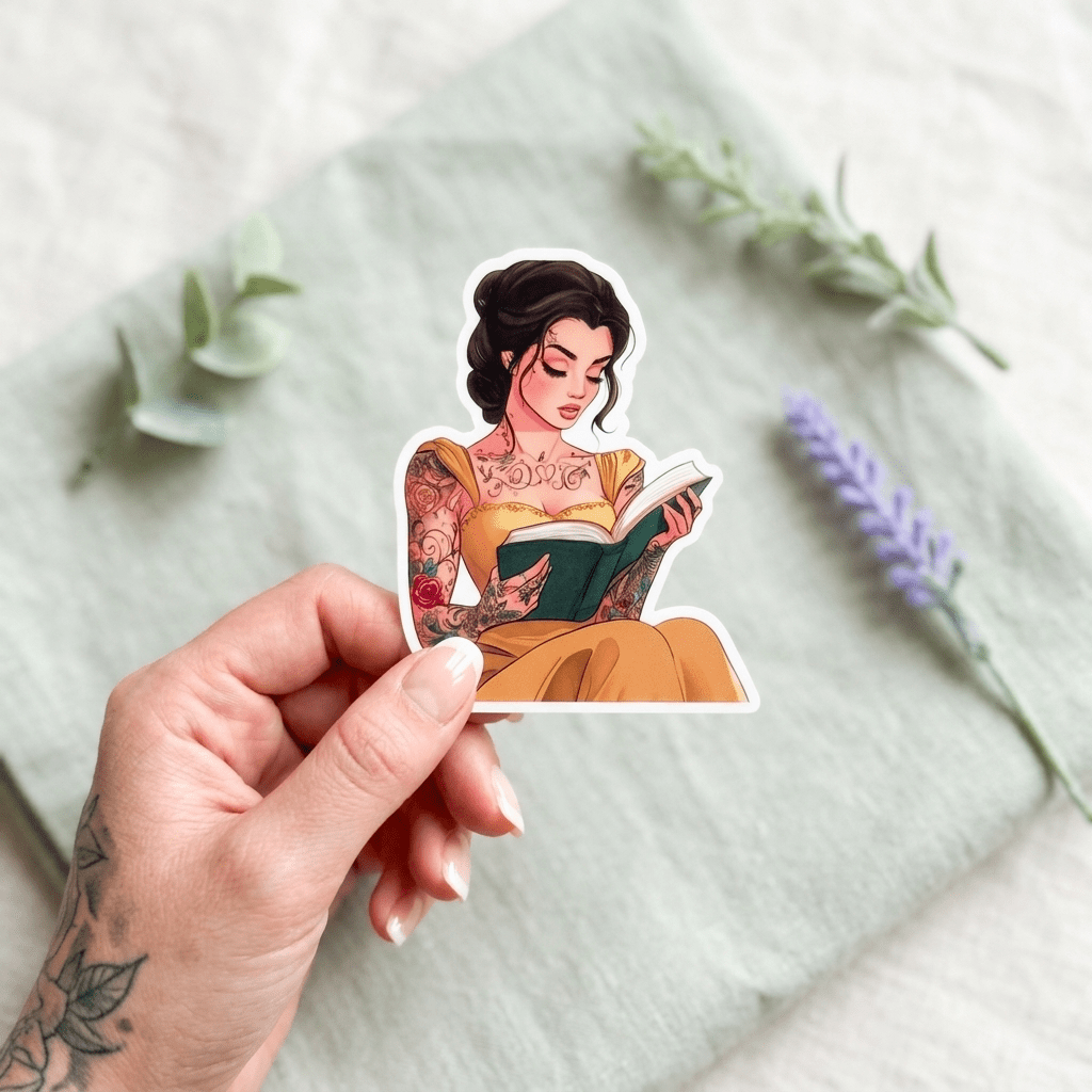 Hand holding a tattooed princess reading vinyl decal with greenery by The Sticker Era
