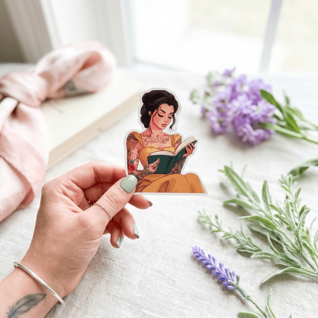 Hand holding a tattooed princess reading sticker by a window, aesthetic bookish decal by The Sticker Era