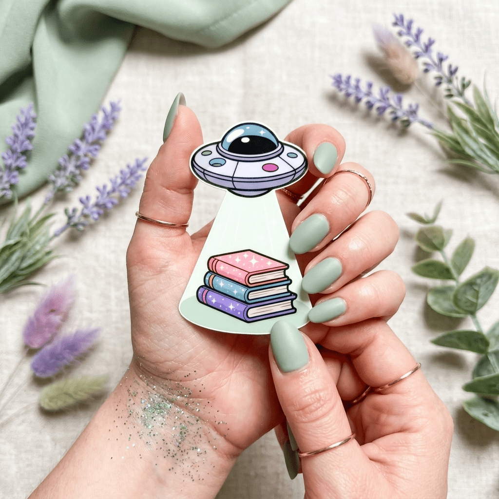 UFO Book Abduction Sticker – Pastel Alien Bookish Decal – Sticker Era by The Sticker Era