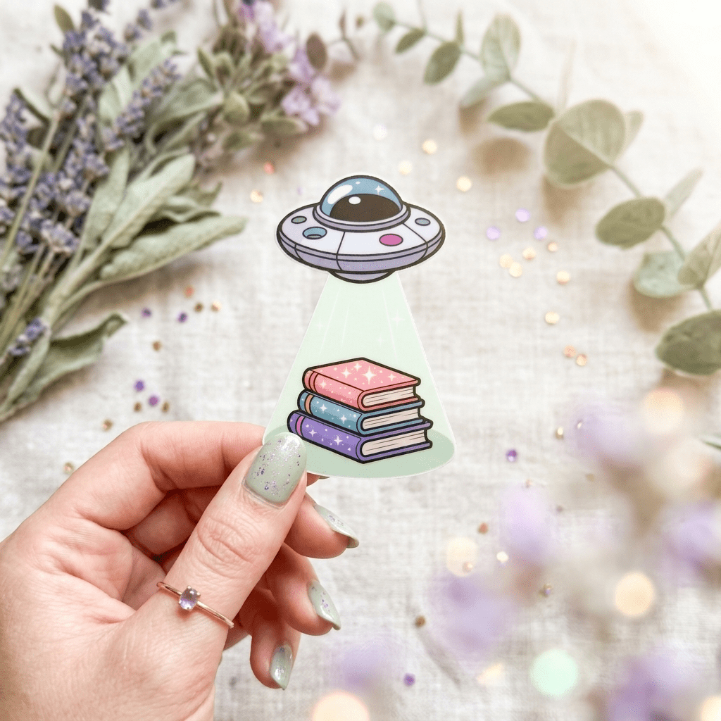 UFO Book Abduction Sticker – Pastel Alien Bookish Decal – Sticker Era by The Sticker Era