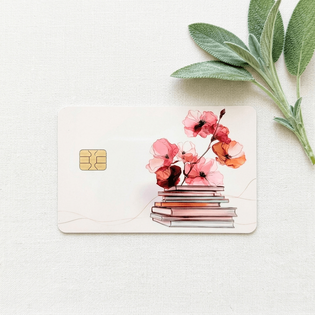 Floral Book Stack Debit Card Skin – Literary Cottagecore Card Cover – Sticker Era by The Sticker Era