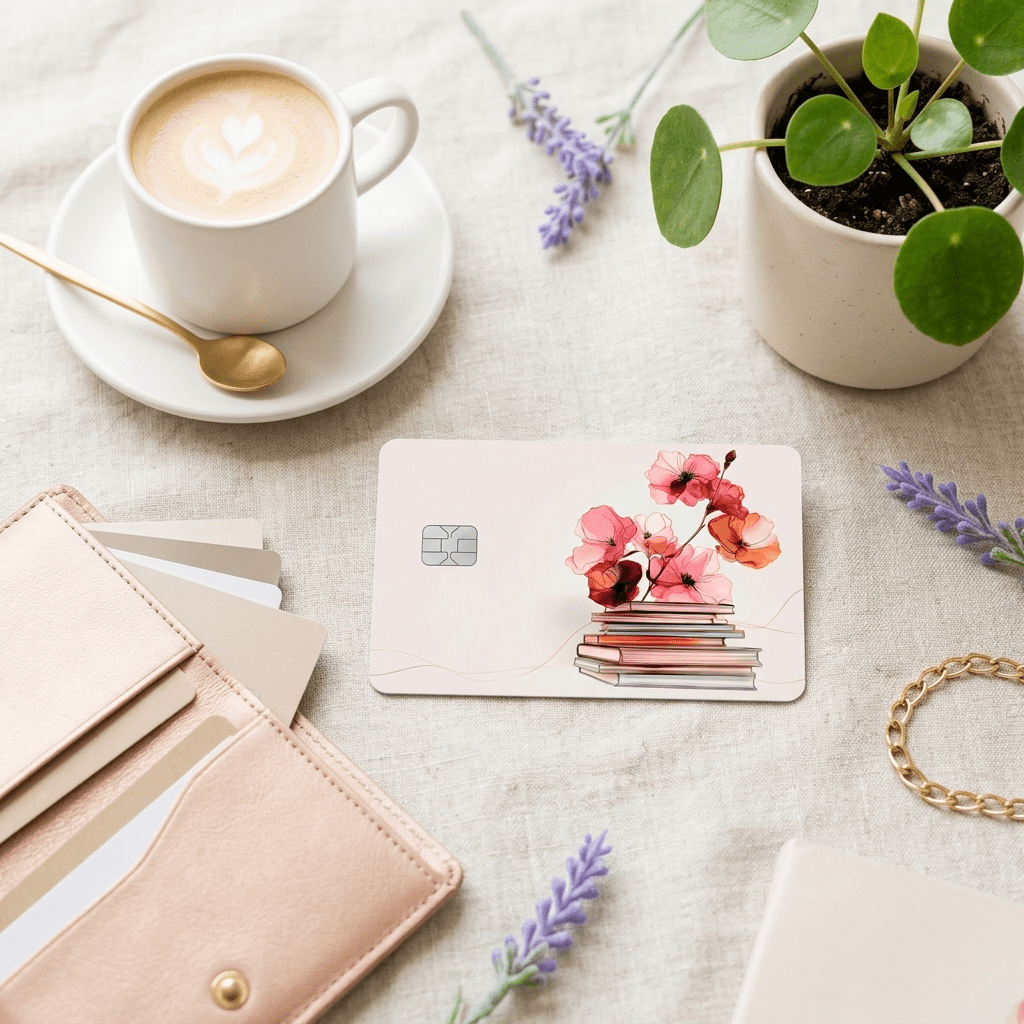 Floral Book Stack Debit Card Skin – Literary Cottagecore Card Cover – Sticker Era by The Sticker Era