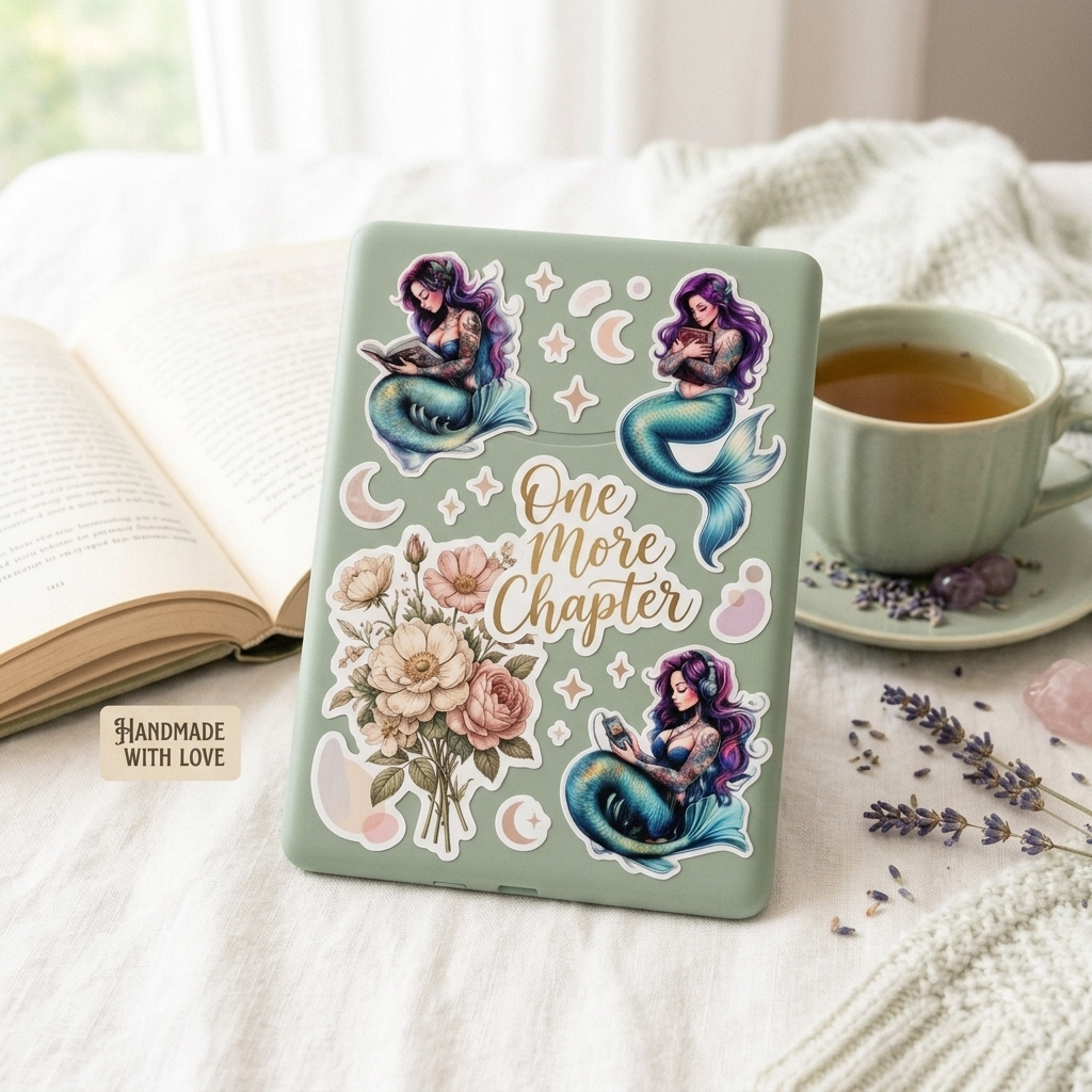  Purple mermaid bookish sticker on pink water bottle, by The Sticker Era