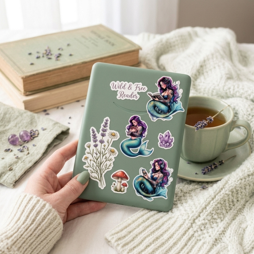 purple haired mermaid stickers, one reading, one listening to audio, and one hugging a book on a sage green kindle being held by a girl with green nails with a tea and closed books in the background.  by thestickerera
