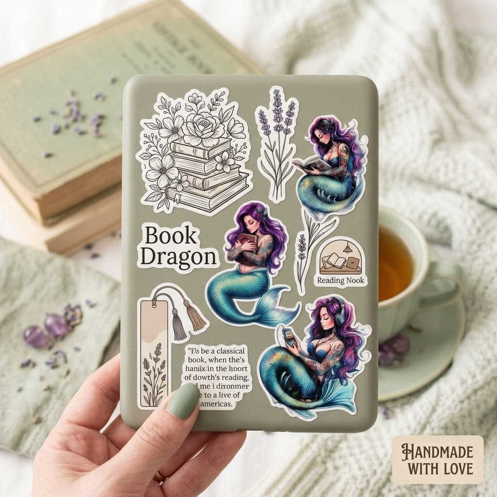 Tattooed siren mermaid stickers styled flatlay with journal, by The Sticker Era