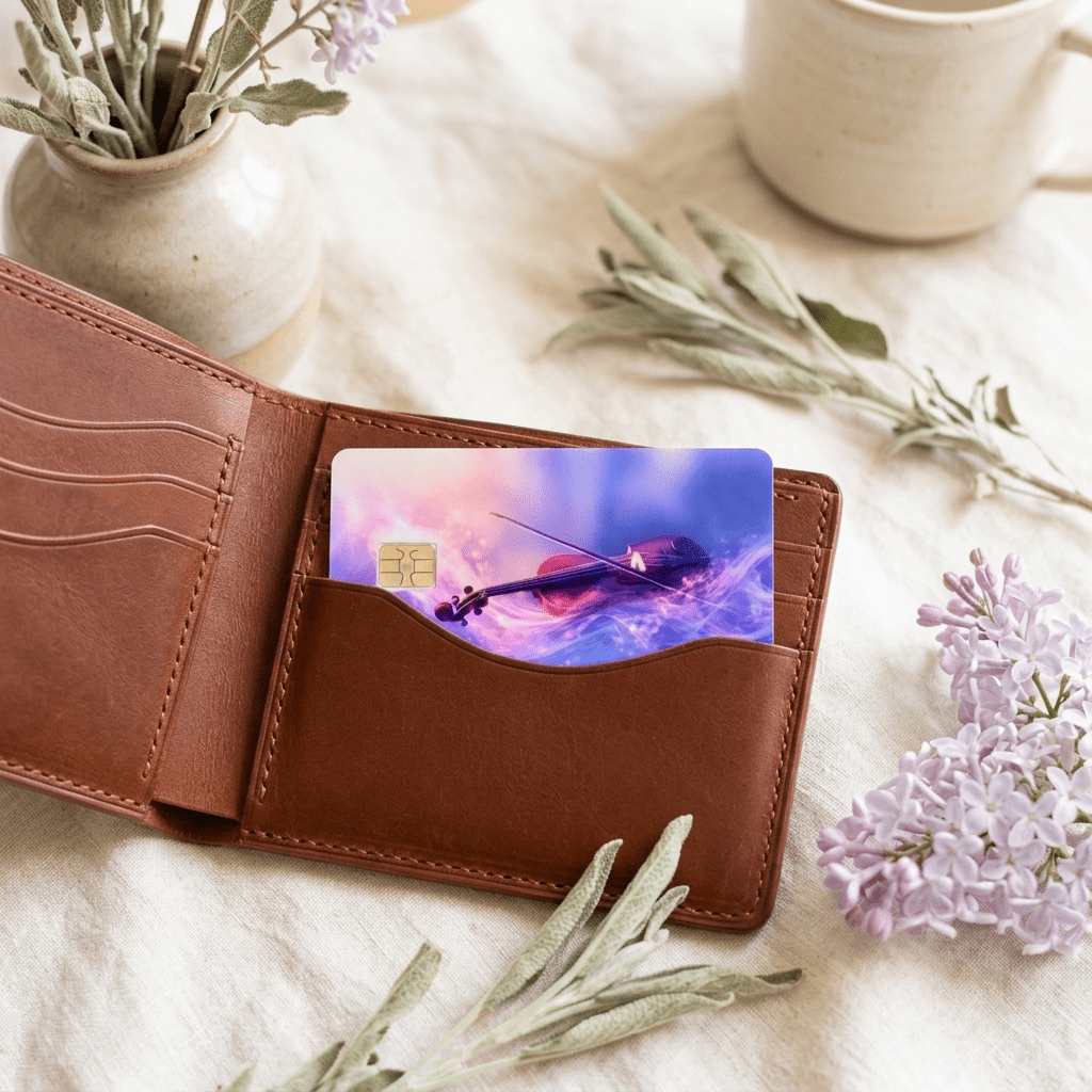 Cosmic violin card skin tucked inside brown leather bifold wallet beside lilac blooms BY THE STICKER ERA