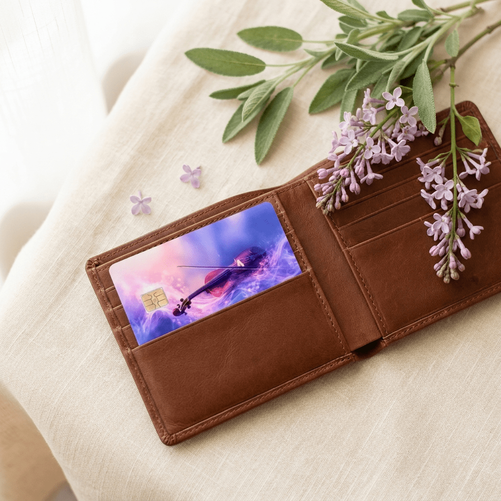 Galaxy violin card skin slotted into open brown bifold wallet with purple blossoms on beige linen BY THE STICKER ERA