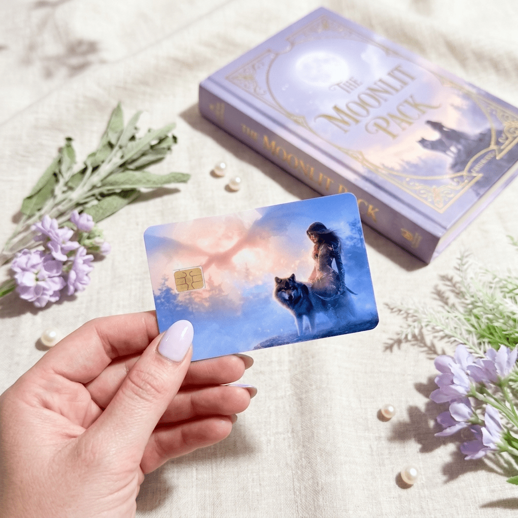Fingertips with soft lavender polish grip the wolf card near a purple and gilded book called The Moonlit Pack, surrounded by sage sprigs, violet stock florals, and scattered ivory pearls by The Sticker Era