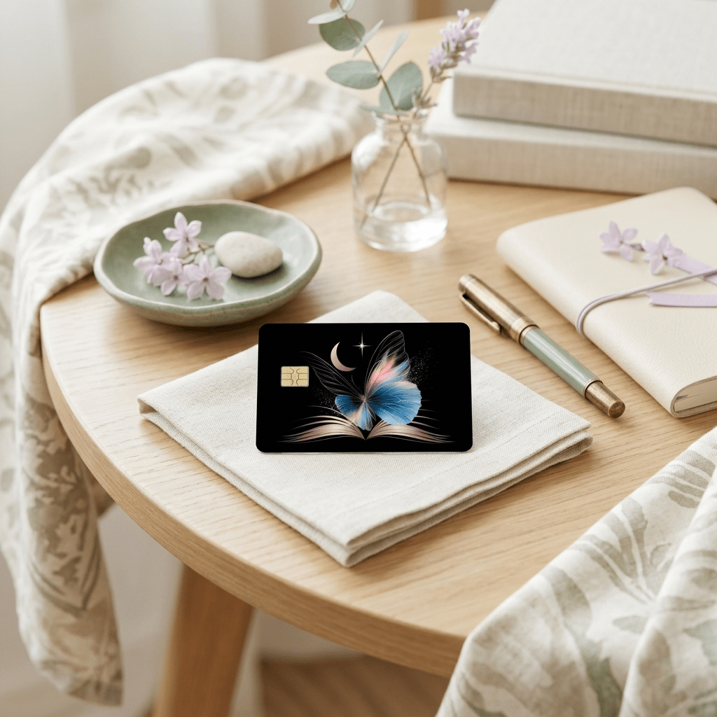 Midnight card design resting on folded linen beside open journal, fountain pen, eucalyptus vase BY THE STICKER ERA