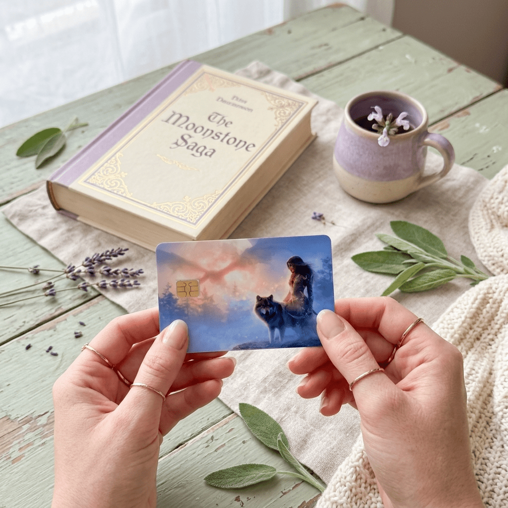 Two hands present the vinyl card above a mint-green wooden table holding a cream and lavender book titled The Moonstone Saga, a purple ceramic mug, dried lavender stems, and fresh garden sage leaves by The Sticker Era