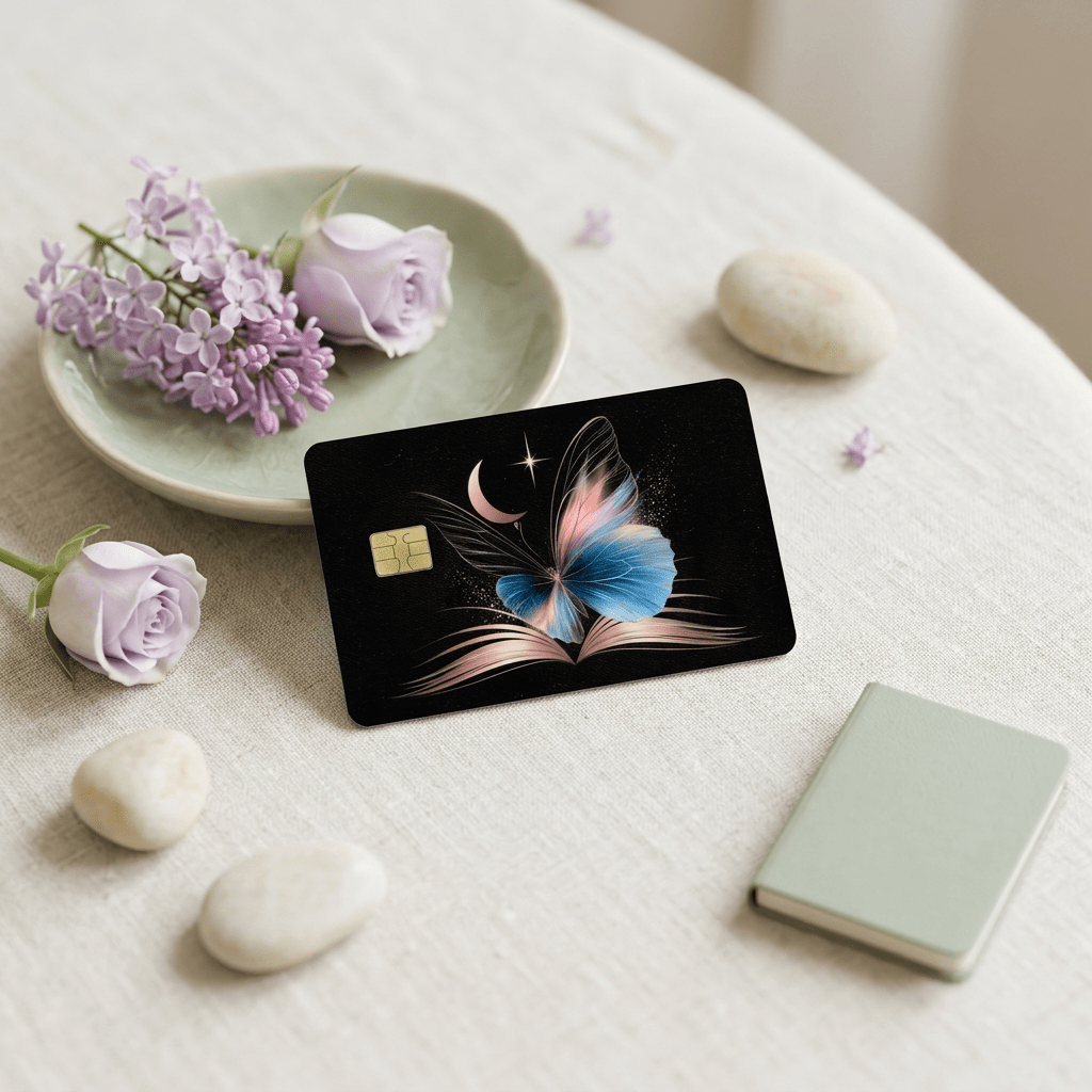 Waterproof vinyl bank cover propped against sage plate holding roses, lilac blooms, river stones BY THE STICKER ERA