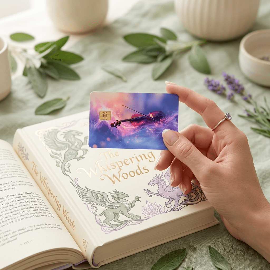 Fingers holding cosmic violin card skin over The Whispering Woods storybook amid sage sprigs BY THE STICKER ERA