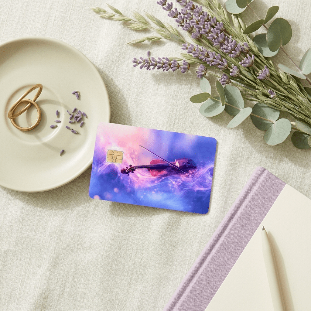 Angled violet nebula violin card skin near ring dish, eucalyptus and lilac journal BY THE STICKER ERA