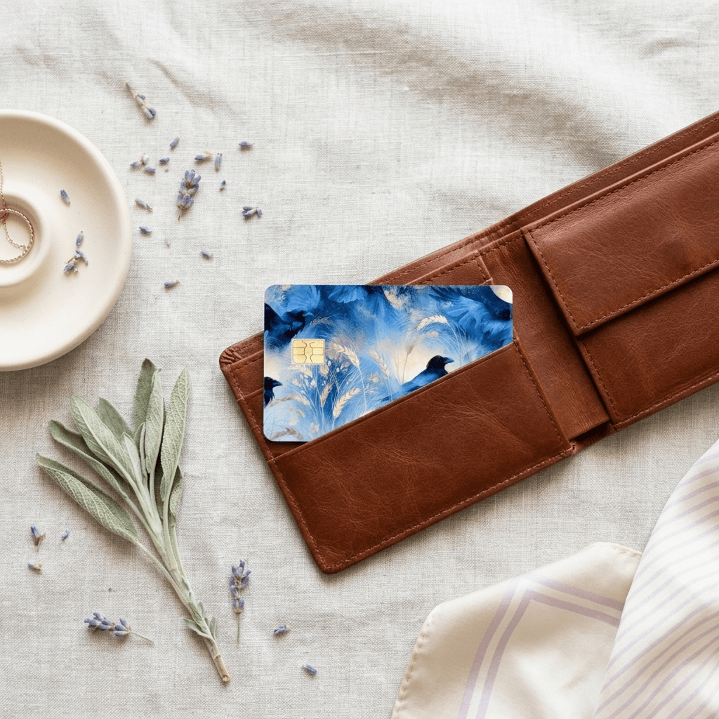 Dark cottagecore bird card decal peeking from an open brown leather billfold, laid beside a ceramic plate, scattered dried lavender and a whole sage stem BY THE STICKER ERA
