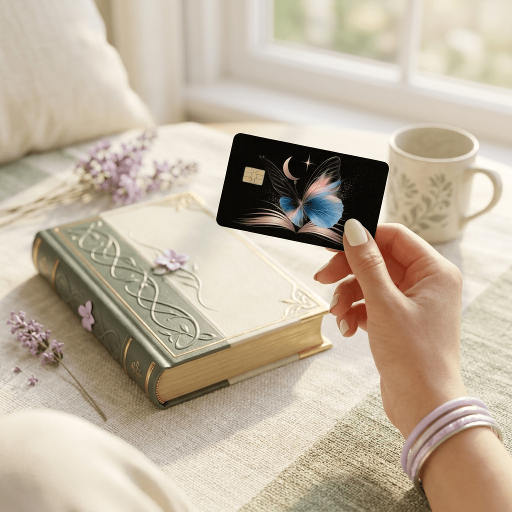 Manicured hand holding starry payment card above embossed hardcover novel near sunlit window, floral mug BY THE STICKER ERA