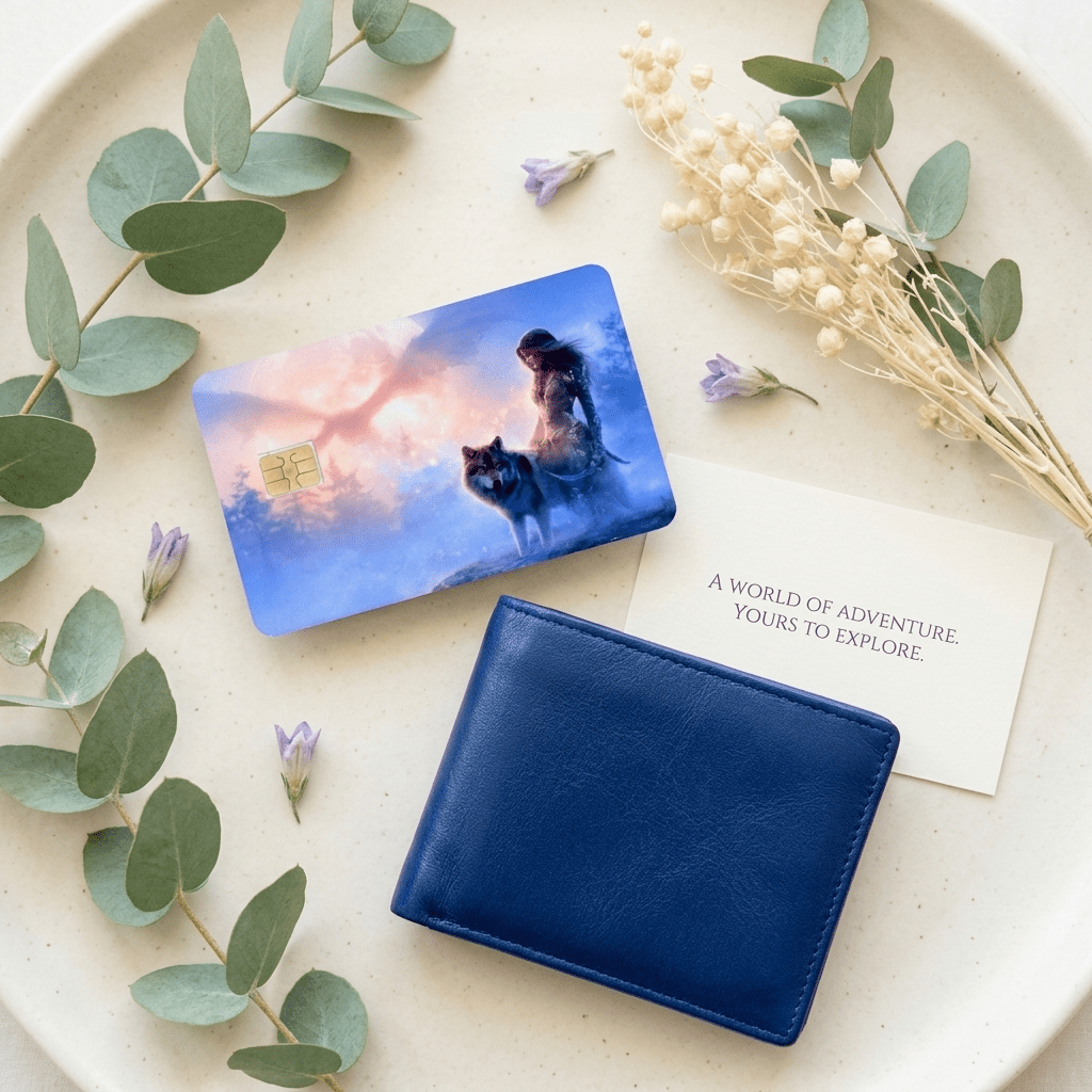 Wolf card displayed beside a navy bifold wallet on a speckled ceramic plate with eucalyptus sprigs, purple buds, dried baby's breath, and a note reading A World Of Adventure Yours To Explore by The Sticker Era